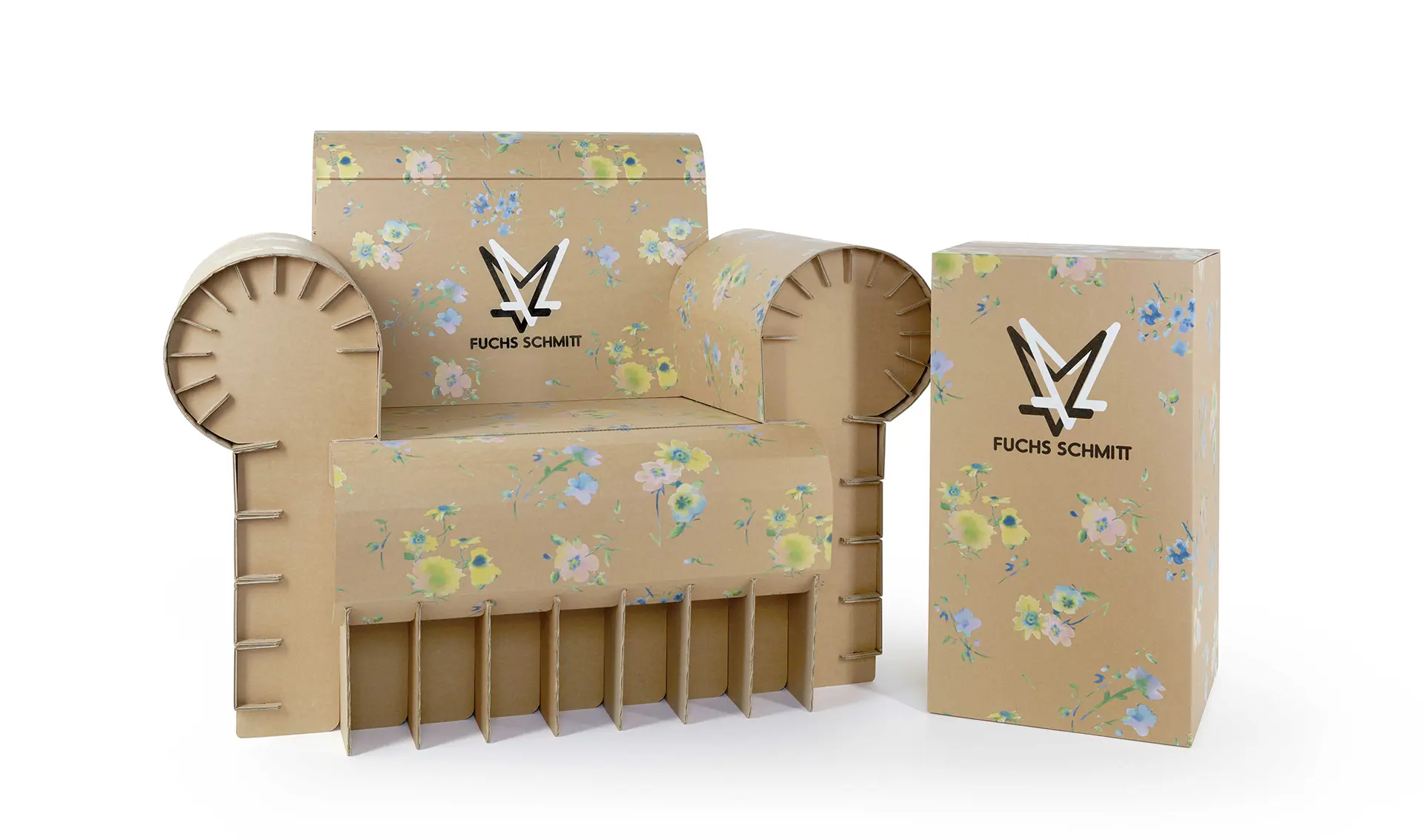 Sessel und Beistelltisch – Wellpappe ist mehr als nur ein Verpackungsmaterial. Berstfestigkeit, Durchstoßarbeit, kPa, und Kanten¬stauch¬widerstand. Neben Viel¬seitigkeit sollten weitere Eigenschaften wie Belast¬barkeit des Werk¬stoffs offensichtlich werden. Am Ende überzeugte eine -Produktqualität, die nicht ¬unter DIN 55468 ¬definiert ist: „Wellpappe – einfach sympathisch!“ Und rund 4 Dutzend Sets aus ¬Sessel und ¬Beistelltisch fanden ihren Weg in die ¬Flagship-Stores eines Aschaffenburger Modelabels.